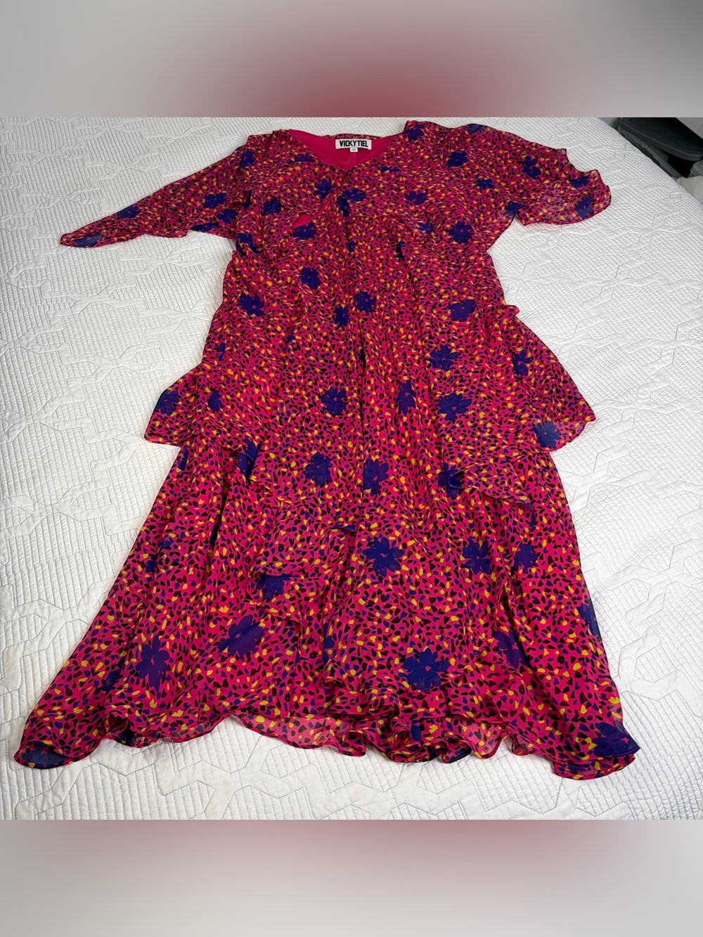 Vicky Tiel Women’s Pink floral layer maxi dress Overlay Chiffon Tiered Size 1X